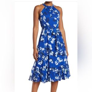 Calvin Klein Halter Midi Floral Dress in Royal/Cobalt Blue